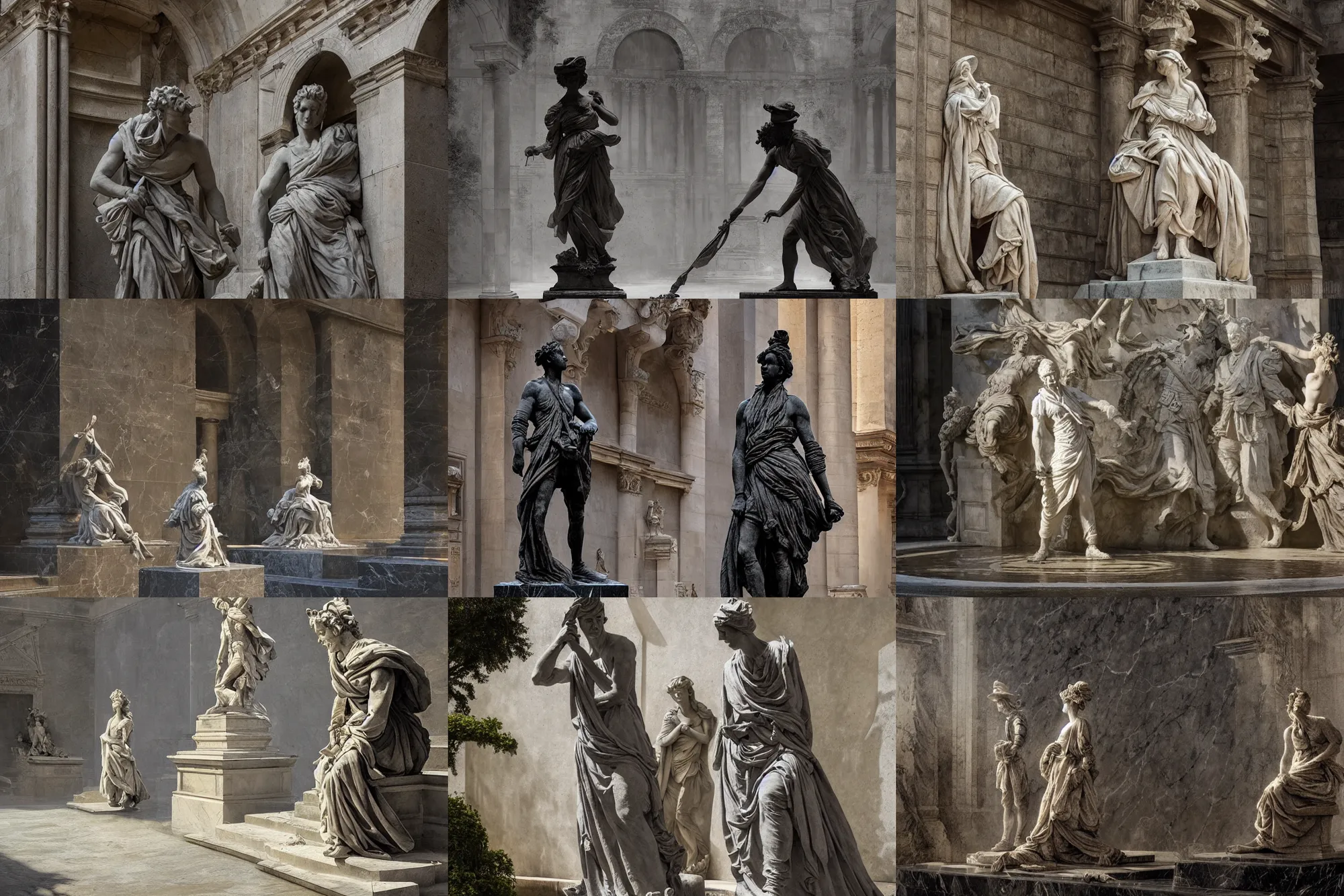 Prompt: colonial statue dry garden black marble, stoic, shadowy figures covered in drapery, fountains of black ink, light dust, magnificent, hyperdetailed, theatrical, close up, masterpiece, painted by jean honore fragonard and greg rutkowski and rob alexander