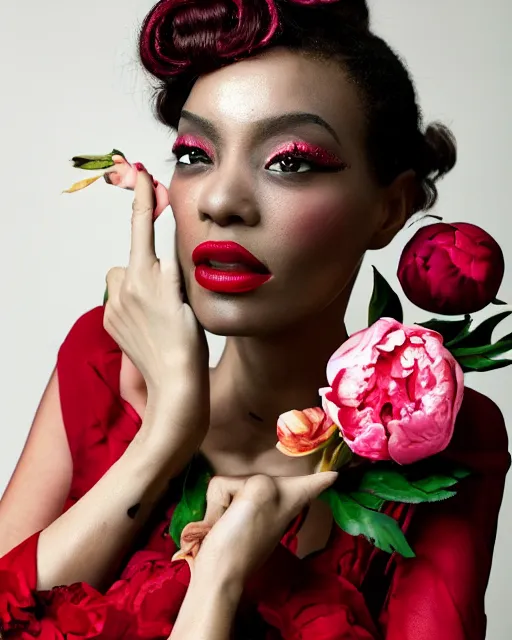 Image similar to Portrait of a European woman, black, close-up, high sharpness, zeiss lens, fashion photo shoot, peony flowers, red hair, red lipstick, in the background of gold, they have rhinestones on their face, Edward Buba, Annie Leibovitz and Steve McCurry, Leslie Zhang, David Lazar, Jimmy Nelsson, Eiko Hosoe, artistic, hyperrealistic, beautiful face, octane rendering