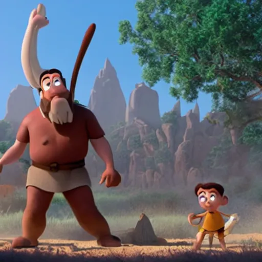 Image similar to film still of David vs Goliath bible story in the style of Disney Pixar Up (2009)