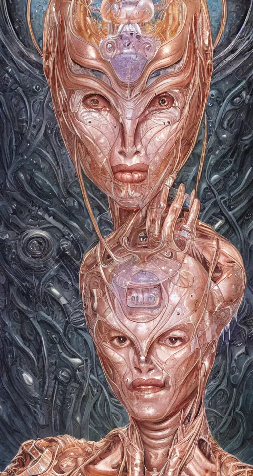 Prompt: a robotic goddess with transparent milky white skin, highly detailed, digital painting, smooth, sharp, beautiful female, expressive eyes, highly intricate, art by Boris Vallejo and H.R. Giger