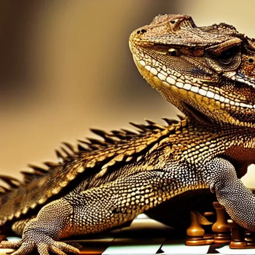 Image similar to a Bearded dragon playing chess against a Salamander, national geographic photo