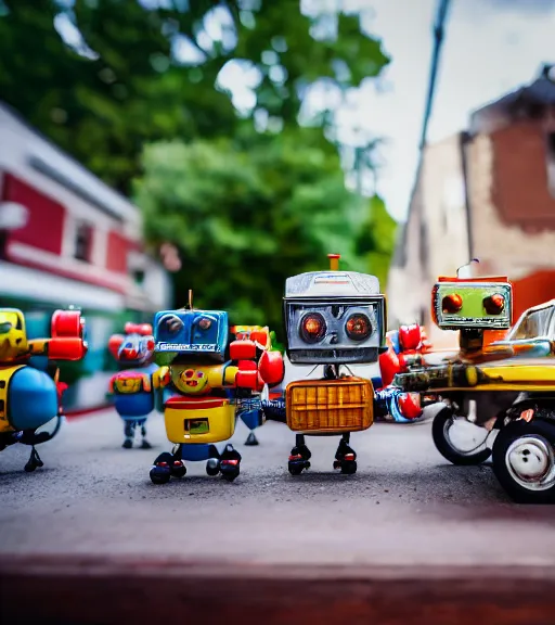 Image similar to high quality presentation photo of a a detailed miniature diorama of retro toy robots invading a detailed model of a 1950s town, photography 4k, f1.8 anamorphic, bokeh, 4k, Canon, Nikon