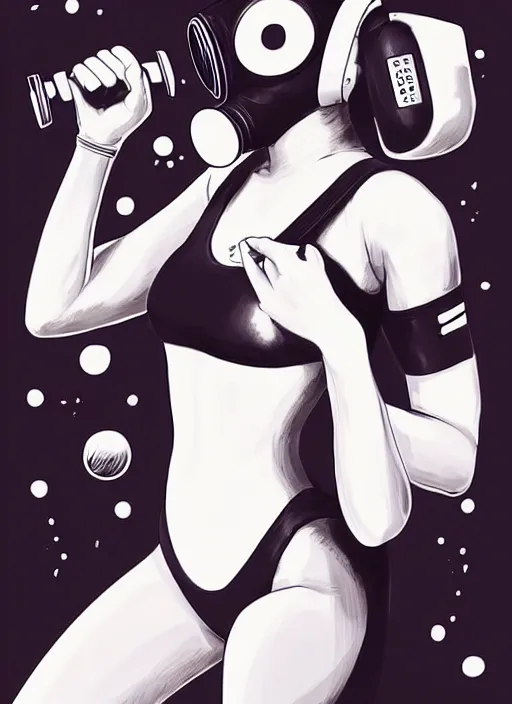 Prompt: black and white woman wearing a one piece swimsuit and a gas mask, standing in outer space, vintage inspired, by artgerm