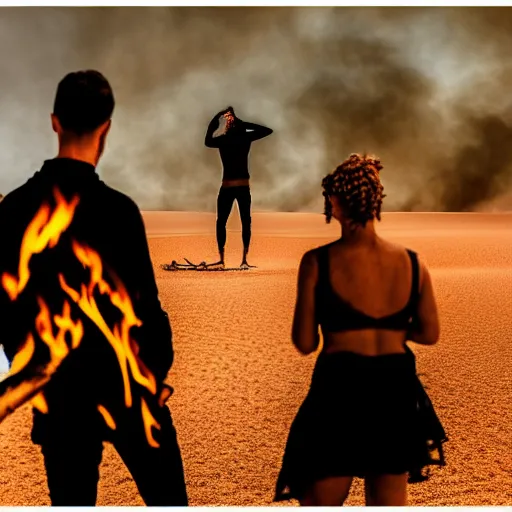 Image similar to atmospheric photograph of three fully clothed ravers, two men, one woman, seen from behind, talking around a fire, dancefloor kismet, diverse costumes, clean composition, desert transition area, bonfire, night, australian desert, xf iq 4, symmetry, sony a 7 r, 1 5 0 mp, 5 0 mm