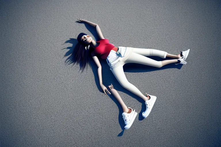 Prompt: a ultradetailed render of a stylish woman laying on the ground, she is wearing nike air force 1 sneakers, octane render, trending on artstation