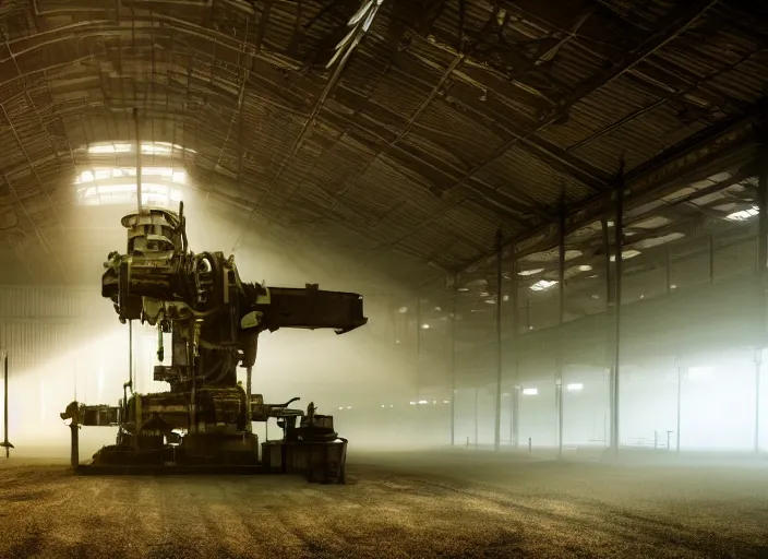 Prompt: enormous machine standing alone in a factory, green ambient light, light fog, creepy, cinematic still, 4k,