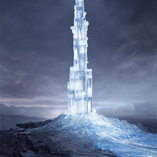 Image similar to a tower made of ice, photorealiatic, hyperdetailed, hyperrealistic, studio lighting, studio photography, professional photography, professional lighting, 3 point lighting,4k,digital art, ultra realistic, ultra detailed, art by greg rutkowski, photorealistic, hyperdetailed