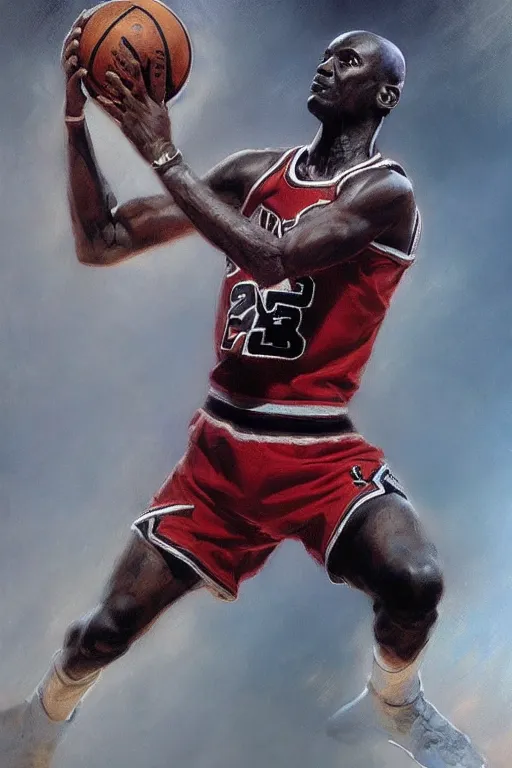 Image similar to michael jordan warrior, detailed, 8 k, trending on artstation, smooth, sharp focus artwork by, mark keathley, greg rutkowski and alphonse mucha