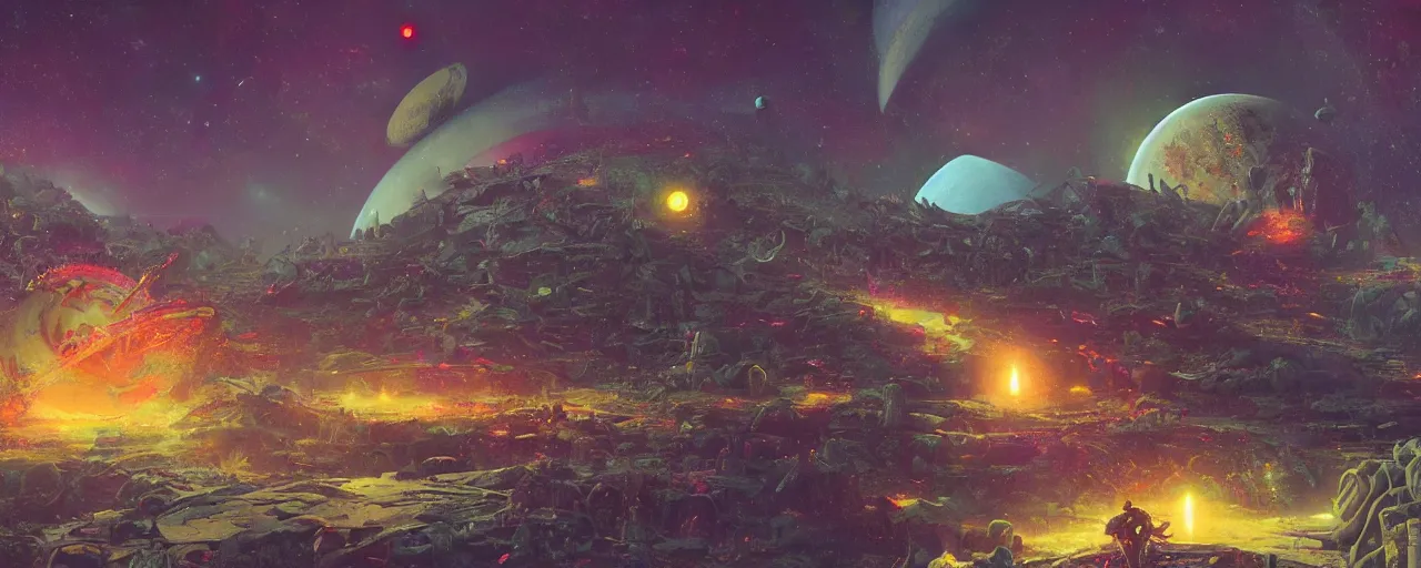Image similar to ” planet and moons made of bones and lasers, [ shards, facets, by paul lehr, cinematic, detailed, epic, widescreen, opening, establishing, mattepainting, photorealistic, realistic textures, octane render ] ”