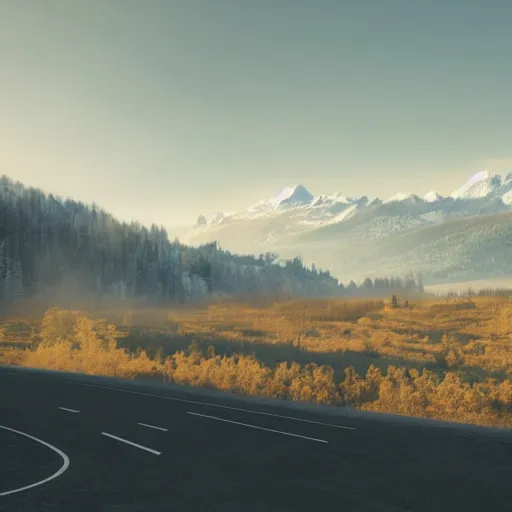 Image similar to an expansive view of a futuristic containment building with a road leading up to it in a forested valley and snow - capped mountains in the distance, national geographic, hyper realistic, 4 k, dusty light