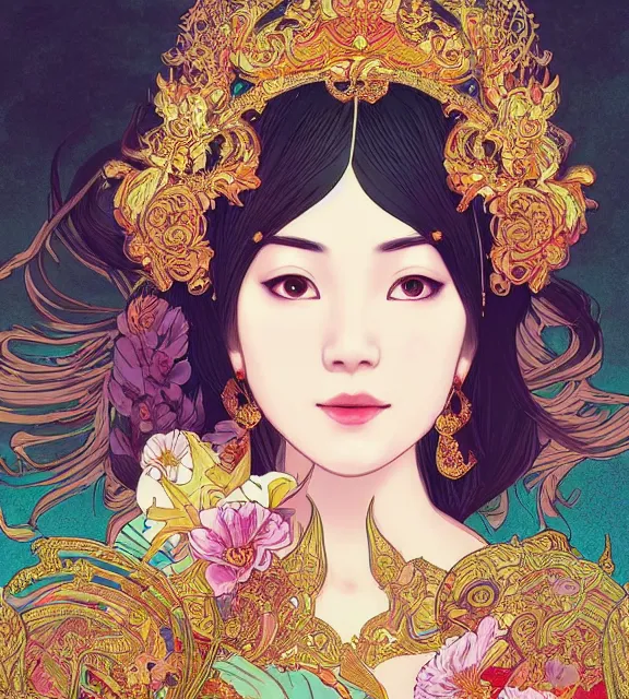 Image similar to beautiful and detailed digital illustration of thai princess by kittichai rueangchaichan and Ilya Kuvshinov, floralpunk, Artstation, art nouveau aesthetic, Alphonse Mucha background, intricate details,