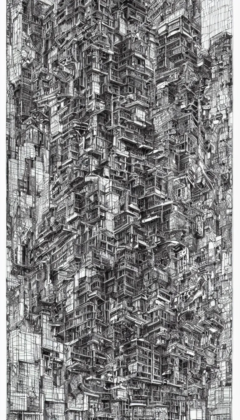 Image similar to a black and white drawing of a building, a detailed mixed media collage by hiroki tsukuda and eduardo paolozzi, intricate linework, sketchbook drawing, street art, polycount, deconstructivism, matte drawing, academic art, constructivism