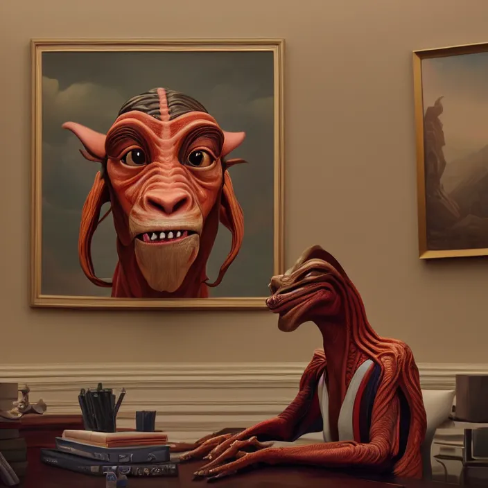 Image similar to portrait of jar jar binks in the oval office. intricate abstract. intricate artwork. by tooth wu, wlop, beeple, dan mumford. octane render, trending on artstation, greg rutkowski very coherent symmetrical artwork. cinematic, hyper realism, high detail, octane render, 8 k, iridescent accents