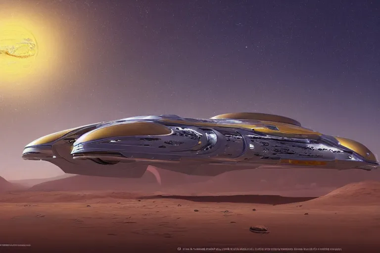 Image similar to a yellow african futuristic spaceship on a desert planet, science - fiction, matte painting