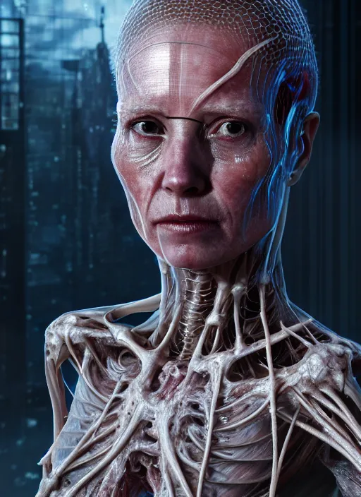 Image similar to 3 / 4 portrait, queen emma with transparent skin, visible muscle and bones and veins and nerves, hyperrealism, detailed textures, photorealistic 3 d cyberpunk apocalyptic city, futuristic clothing and helmet, ultra realistic, cinematic, intricate, cinematic light, unreal engine 8 k, octane render, unreal engine by david kostic and stanley lau and artgerm