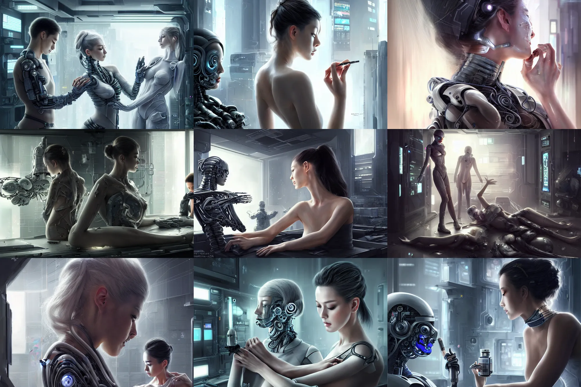 Prompt: Ultra realistic illustration, beautiful alluring damaged android being put back together in an super advanced military medical bay, while a beautiful alluring human scientist looks on, cyberpunk, sci-fi, fantasy, intricate, elegant, highly detailed, digital painting, artstation, concept art, smooth, sharp focus, illustration, art by Yintion J - Jiang Geping and artgerm and greg rutkowski and alphonse mucha