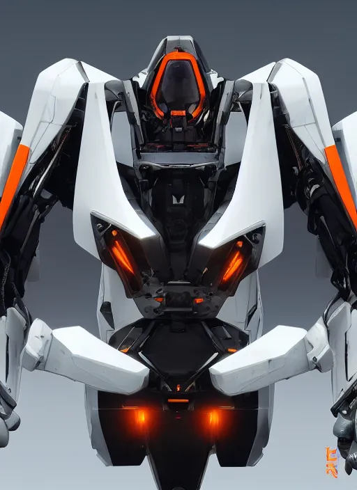 Image similar to a Photorealistic dramatic hyperrealistic full frame render of a Sleek futuristic exosuit Freedom Formula Racing Mech,Ultra realistic details,glossy white metal,Orange racing stripes,weathered surfaces,by Hidetaka Tenjin,Yoh Yoshinori,Yoji Shinkawa,Masamune Shirow,Beautiful dramatic dark moody tones and lighting,cinematic atmosphere,studio lighting,shadows,dark background, Octane render,8K