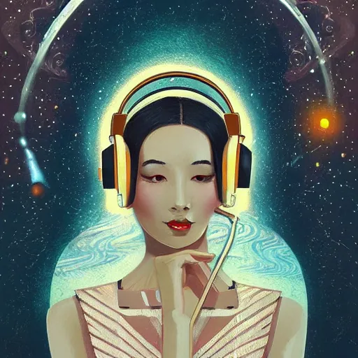 Image similar to intricate, amazing, art deco, retro vintage and romanticism, painting by natelle quek, soft color palette, highly detailed, godess with headphones from space sci - fi of ancient religion