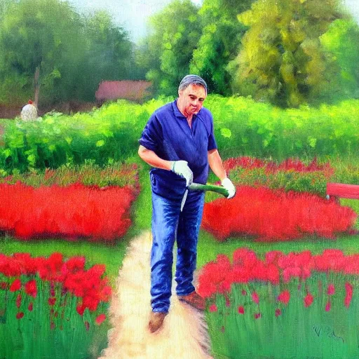 Prompt: viktor orban gardening, oil painting