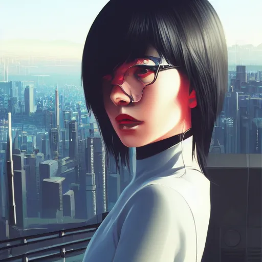 Image similar to a close up of a person with a city in the background, cyberpunk art by Ilya Kuvshinov, cgsociety, photorealism, ilya kuvshinov, cityscape, digital painting