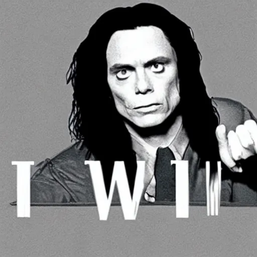 Image similar to tommy wiseau from the room ( 2 0 0 3 ), with the words oh hi mark written, poster, perfect kerning