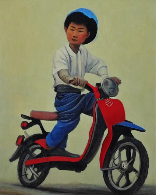 Image similar to asian school boy riding moped, aged oil painting by le pho