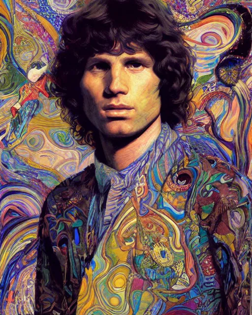 Image similar to jim morrison surrounded by bright intricate patterns, painted by edgar maxence, edward hopper, wayne barlowe and james gilleard, airbrush, art by jamesjean