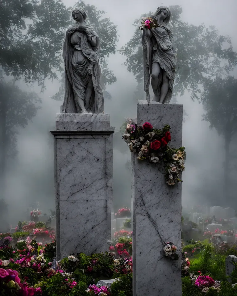 Prompt: an idealistic marble gothic cemetery statue, made of flowers, made of mist, full frame