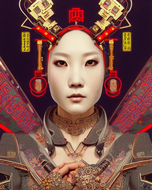 Prompt: portrait of a cyberpunk machine, machine face, upper half portrait, decorated with chinese opera motifs, asian, fine china, wuxia, traditional chinese art, intricate, elegant, highly detailed, symmetry, headpiece, digital painting, artstation concept art smooth sharp focus, illustration, art by artgerm and greg rutkowski alphonse mucha 8 k