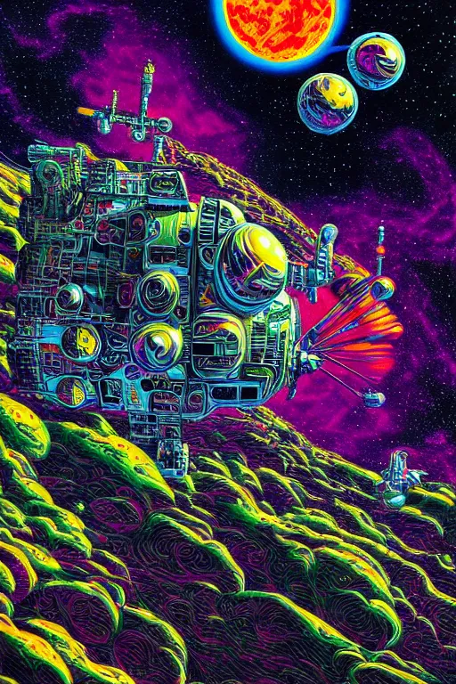 Image similar to maximalist detailed space scene lowbrow scifi artwork by kidsquidy influenced by glenn brown. ray tracing hdr polished sharp