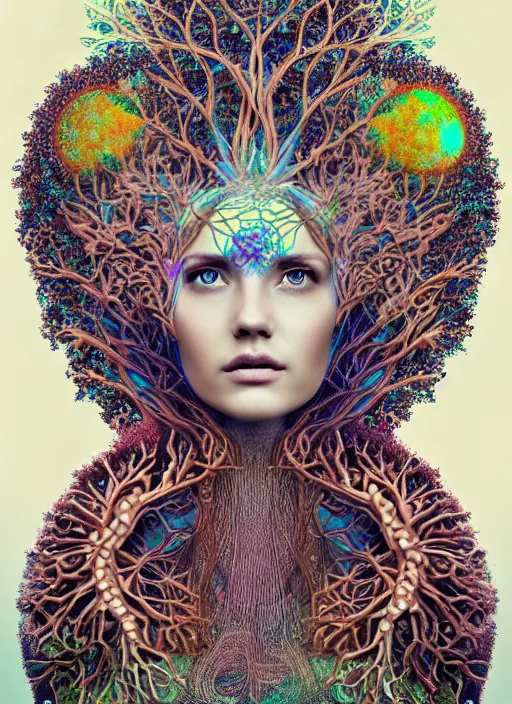 Prompt: ridiculously beautiful young womans face, radiating psychedelics, portals into nature, tree of life, coral, birds, symmetrical, in the style of ernst haeckel, effervescent, sacred geometry, warm, surrealism, photo realistic, epic and cinematic,