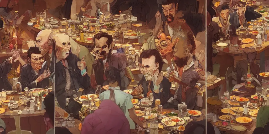 Image similar to cartoonish many sides of nick cave eating dinner, vivid colors, character sheet, fine details, concept design, contrast, kim jung gi, greg rutkowski, trending on artstation, 8 k, full body, turnaround, front view, back view, ultra wide angle