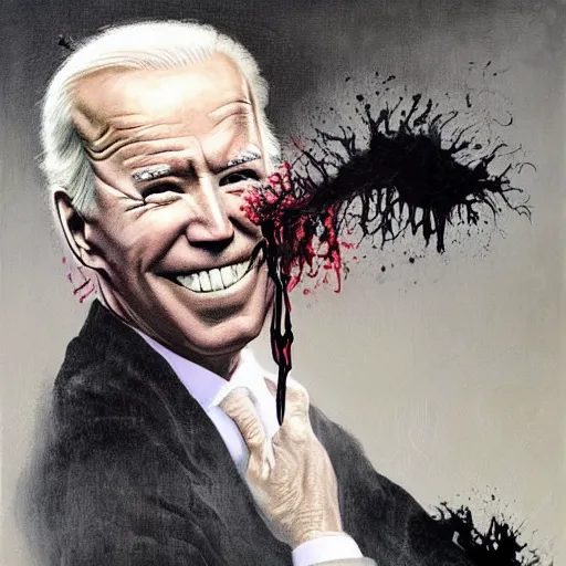 Image similar to presidential portrait of joe biden with oily black fluid pouring from mouth and nose as slenderman, medical diagram by beksinski, jon mcnaughton, and stephen gammell