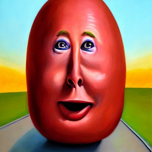 Image similar to the anthropomorphic potato elon musk by john byrne, photorealistic oil on canvas