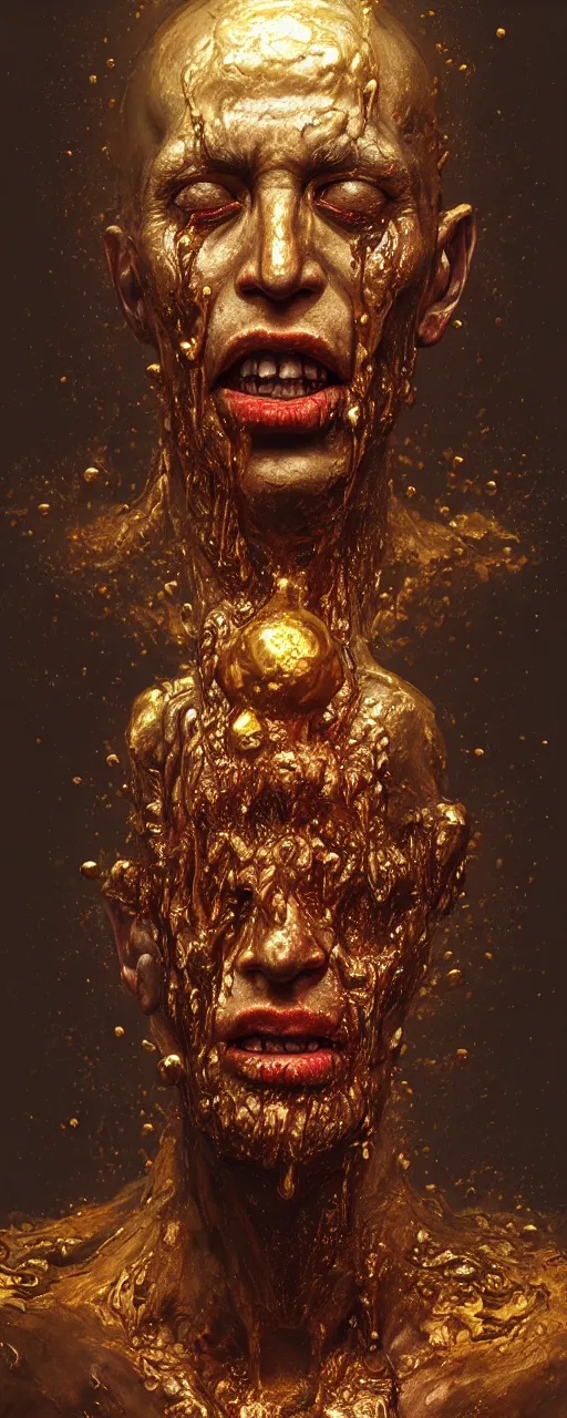 Prompt: Hyper realistic god of death portrait with melting face, gold raining in the background, Cinematic lighting, ultra super good realistic 3D render by Gerald Brom and Zdzisław Beksiński, insanely detailed, trending on artstation, 8k