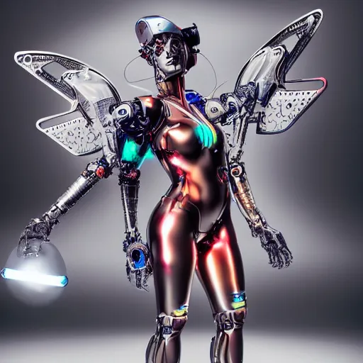 Prompt: Cyborg Woman, full-body shot of a woman with large mechanical wings, neon art style, futuristic art style, photorealistic imagery, photorealistic photos, heavily detailed, 8k quality, by Leo Avero and Eva Balloon, award-winning art