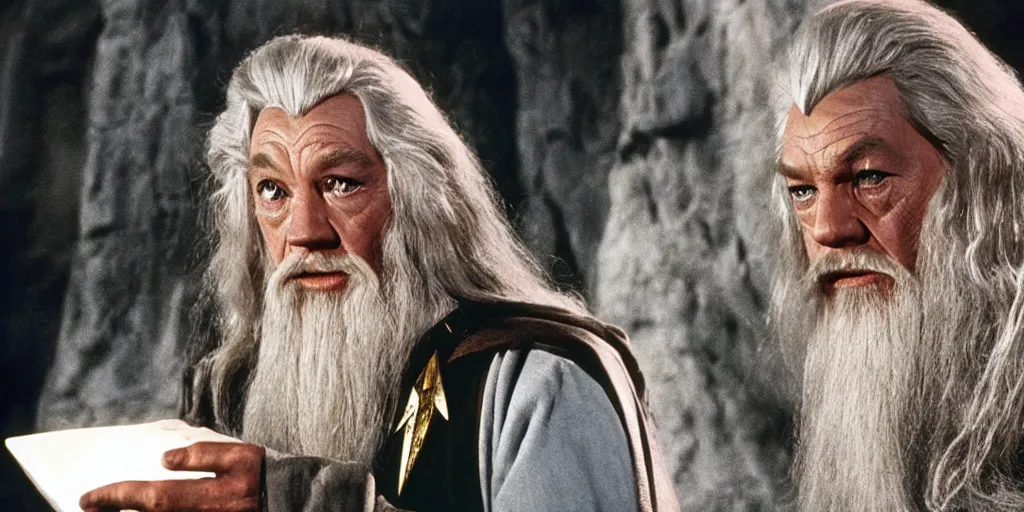 Image similar to Gandalf in the role of Captain Kirk in a scene from Star Trek the original series