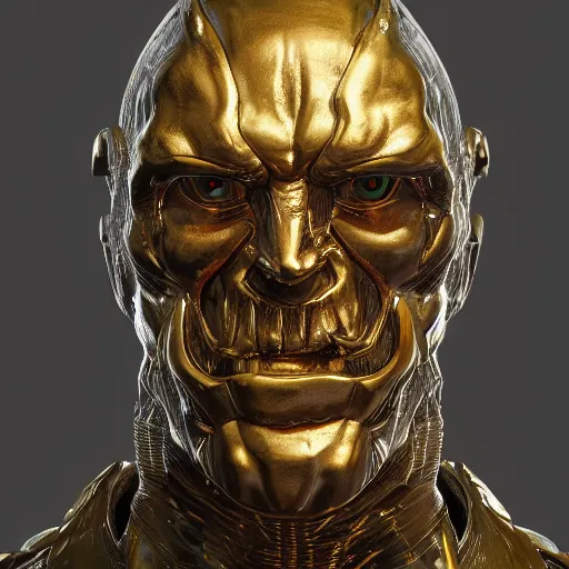 Image similar to portrait of doom gold statue reflect chrome, 8 k uhd, unreal engine, octane render in the artstyle of finnian macmanus, john park and greg rutkowski