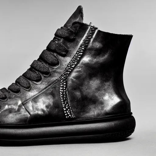 Prompt: hyper - maximalist rick owens ramones high - top sneaker, highly - detailed and intricate, high resolution product photo, trending on artstation, 5 0 mm, f 3. 4