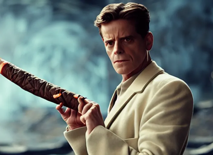 Image similar to film still of bender holding a lit cigar in the new scifi movie, 4 k