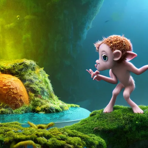 Image similar to tiny satyr, moss, floating, rbc, radiolaria, protophyta, micro - organisms, center frame, symmetric, rim light, marine microbiology, underwater, bioluminescence, electric, soft, concept art, intricate details, highly detailed, colorful, photorealistic, disney pixar, octane render, iridescent