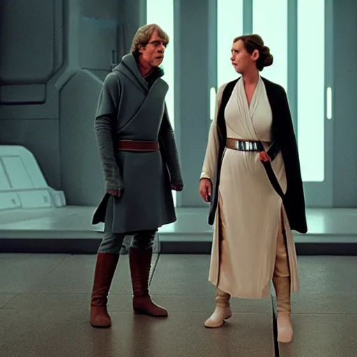 Image similar to Luke Skywalker teaches Leia in outfit at Jedi Temple scene from the last jedi, 2022, film by Stanley Kubrick, serene, iconic scene, stunning cinematography, hyper detailed, sharp, anamorphic lenses, kodak color film