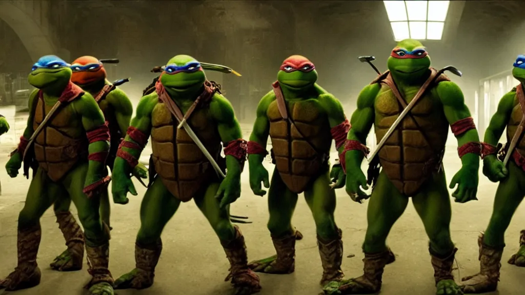 Prompt: Teenage mutant ninja turtles, film still from the movie directed by Denis Villeneuve with art direction by Salvador Dalí, wide lens