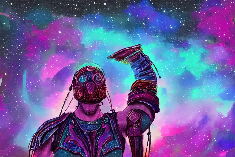 Image similar to digital art of a spiritual gladiator looking up at the stars, acrylic art, universe, painting, pastel colors, synthwave, retro, cyberpunk,