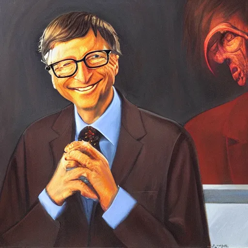 Image similar to masterful oil painting of bill gates eating babies while he talks to the devil, scary