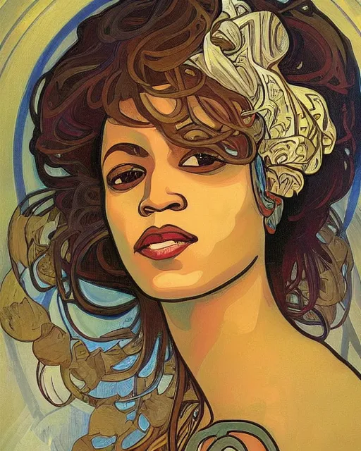 Image similar to a portrait painting of ( ( ( beyonce ) ) ) in the style of alphonse mucha!!!