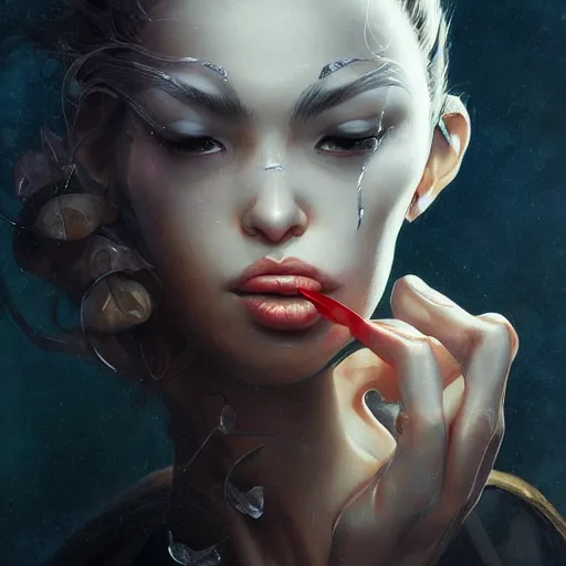 Prompt: blindfolded woman with a finger on her lips shushing, by peter mohrbacher, artgerm, karol bak, loish, ayami kojima, james stokoe, highly detailed, ultra detailed, ultra realistic, trending on artstation