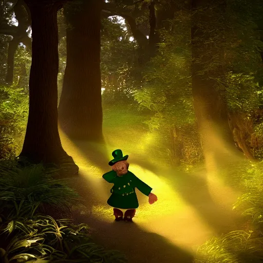 Prompt: 3 d render of leprechaun in the enchanted forest, dramatic backlight. octane render. digital art. masterpiece.