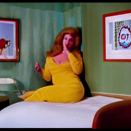 Prompt: bored housewife meets a sad inflatable toy in a seedy motel room, 1978 color Fellini film, ugly motel room with dirty walls and old furniture, archival footage, technicolor film, 16mm, live action, John Waters, campy and colorful