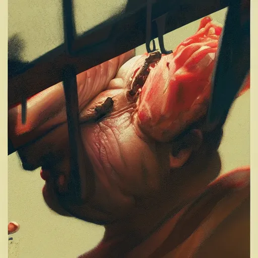 Image similar to low angle view of a butcher working,, asymmetrical, organic painting, matte painting, bold shapes, hard edges, street art, trending on artstation, by huang guangjian and gil elvgren and sachin teng, from below, worms - eye - view, close - up!!!!! low angle!!!!